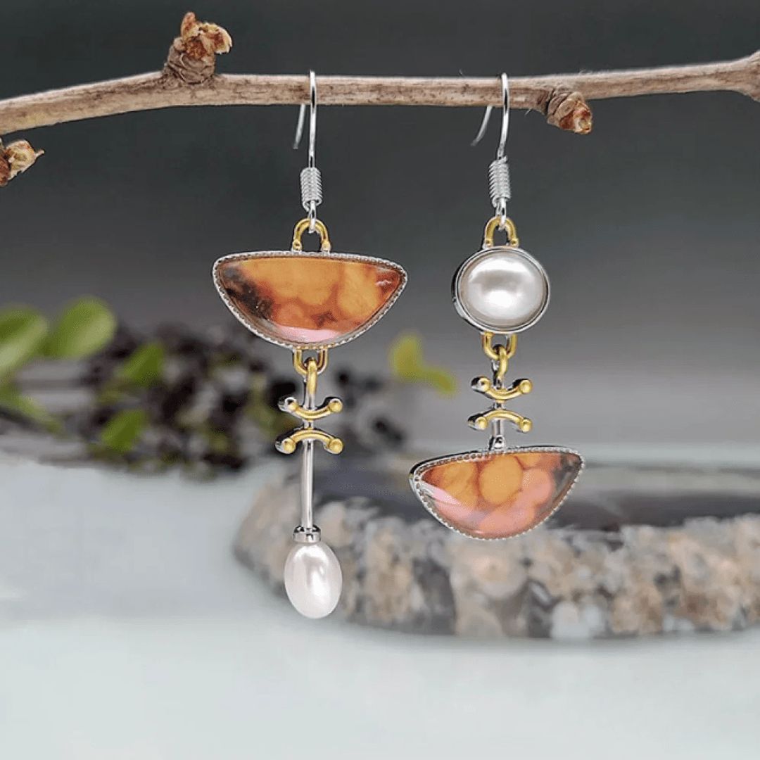 Asymmetrical Natural Stone & Pearl Drop Earrings – Artistic Design - Earrings