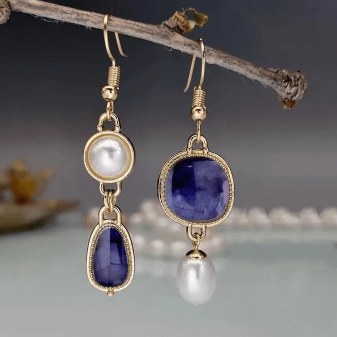 Asymmetrical Pearl and Gemstone Drop Earrings – Elegant & Artistic - Earrings