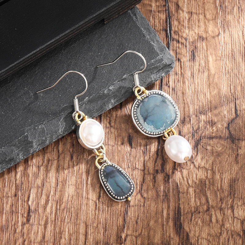 Asymmetrical Pearl and Gemstone Drop Earrings – Handcrafted Elegance - Earrings