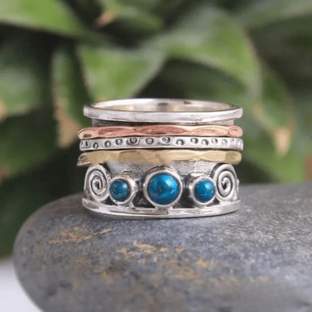 Boho Silver Spinner Ring with Blue Stones and Mixed Metals - Ring