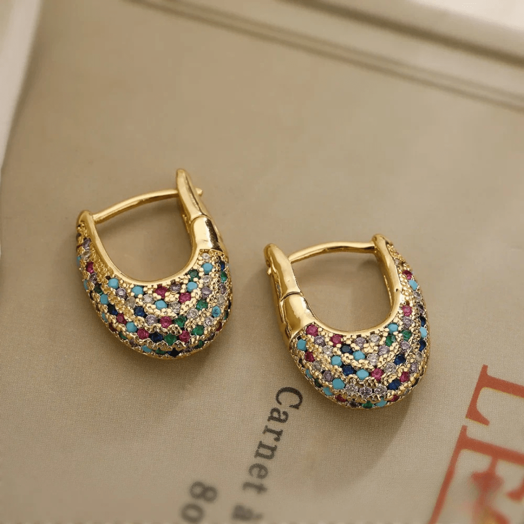 Bold Multicolor Crystal Huggie Earrings in Gold Tone - Earrings