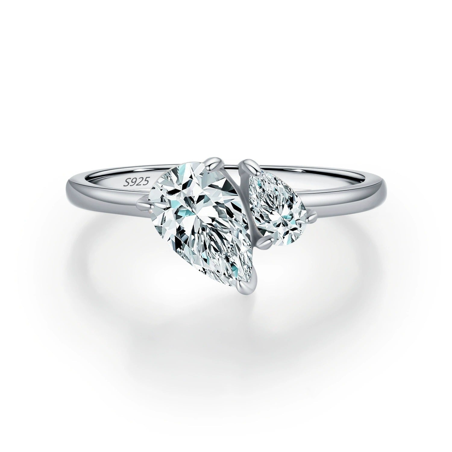 Dual Teardrop Crystal Silver Ring - Ring