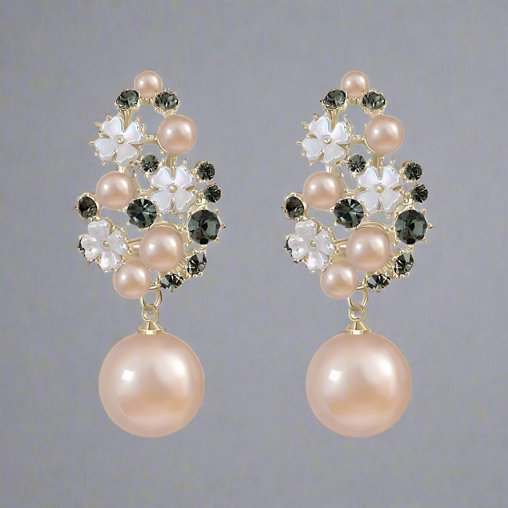 Elegant Pearl Cluster Earrings with Crystals and Floral Accents – Luxury Bridal Jewelry - Earrings
