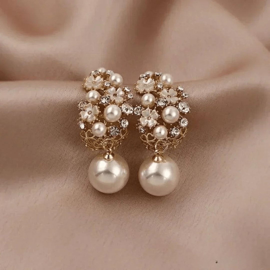 Elegant Pearl Cluster Earrings with Crystals and Floral Accents – Luxury Bridal Jewelry - Earrings