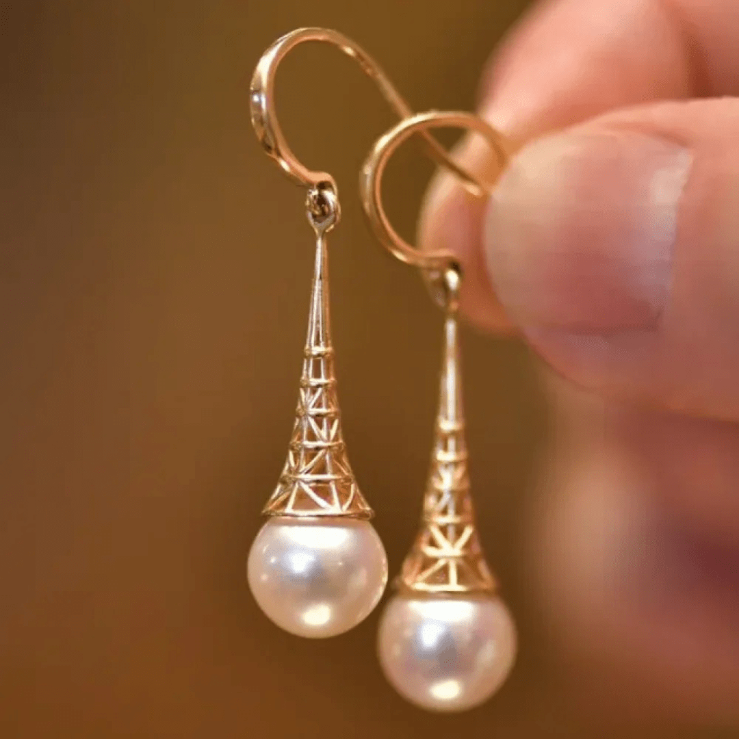 Elegant Pearl Drop Earrings with Gold Filigree Cone Design - Earrings