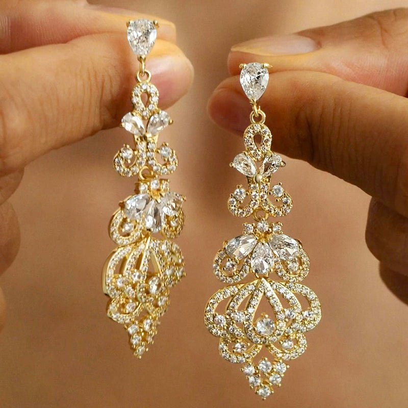 Gold Filigree Crystal Drop Earrings - Earrings