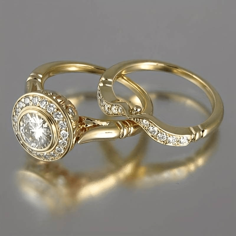 Gold Halo Engagement Ring Set with Contoured Diamond Band - Ring