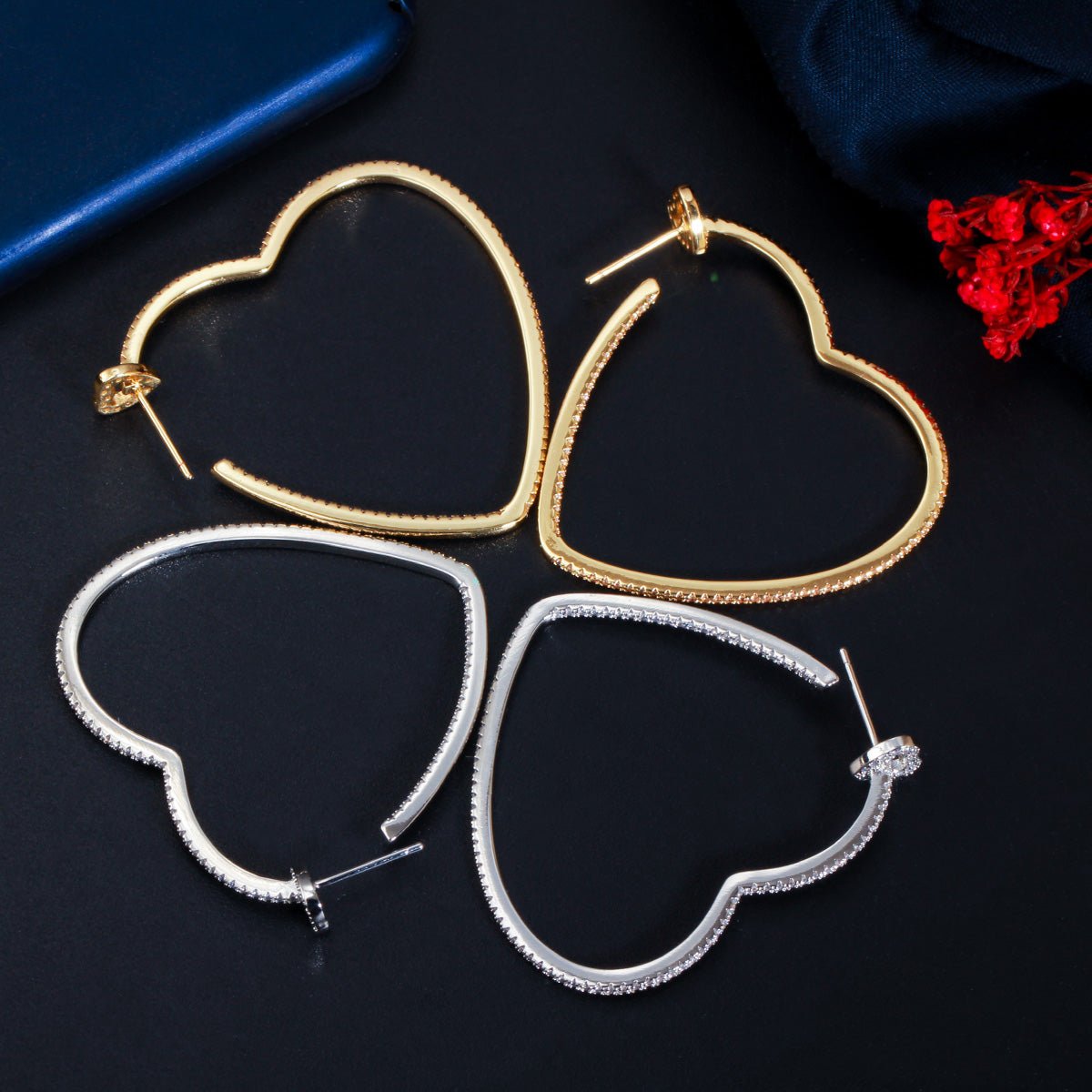 Gold Heart Hoop Earrings with Crystals - Earrings