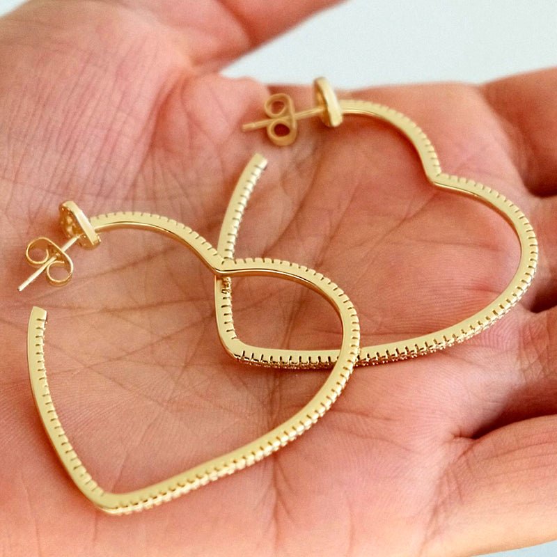Gold Heart Top Elongated Hoop Earrings with Crystals - Earrings