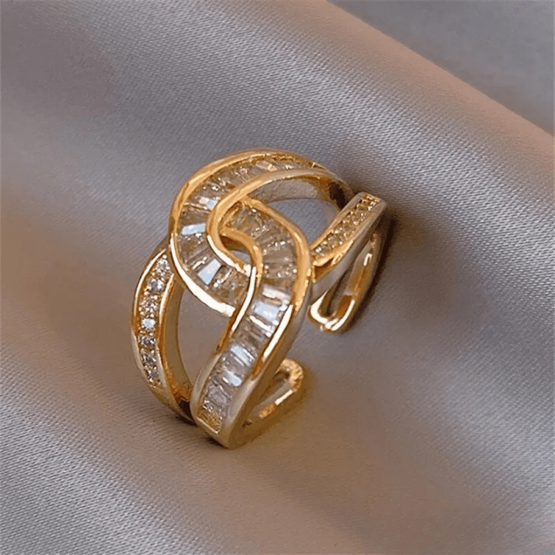Gold Knot Ring with Baguette and Round - Cut Stones - Ring