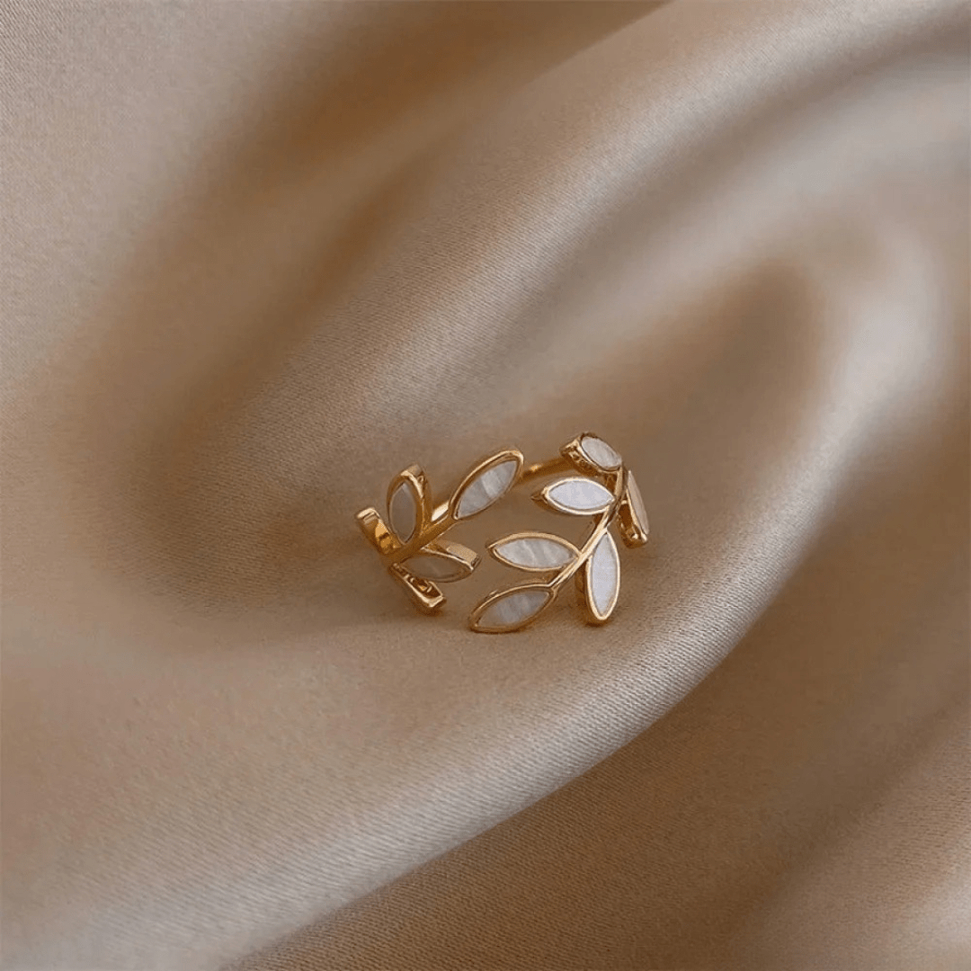 Gold Laurel Leaf Ring with White Inlay Detailing - Ring