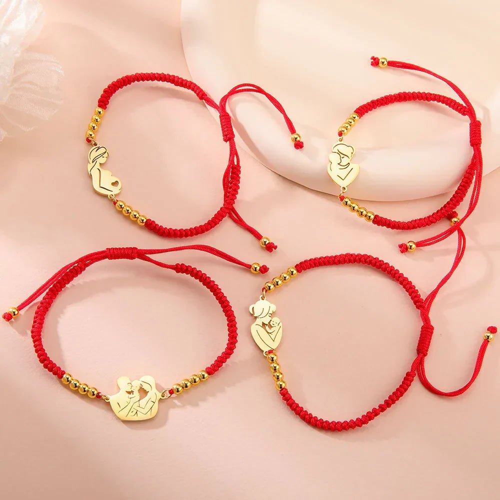 Gold Mother & Child Silhouette Bracelet – Adjustable Black Cord - Moederdag armbanden