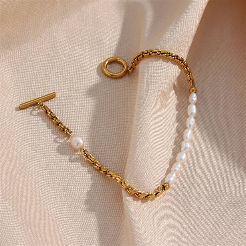Gold & Pearl Chain Bracelet – Elegant Mixed - Media Jewelry - Bracelets