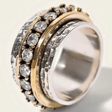 Hammered Silver Spinner Ring with Gold Band and CZ Accents - Ring