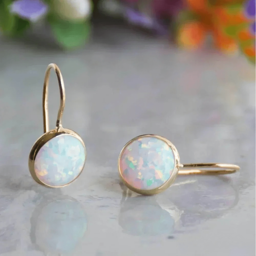 Iridescent Opal Drop Earrings in Gold Setting - Earrings