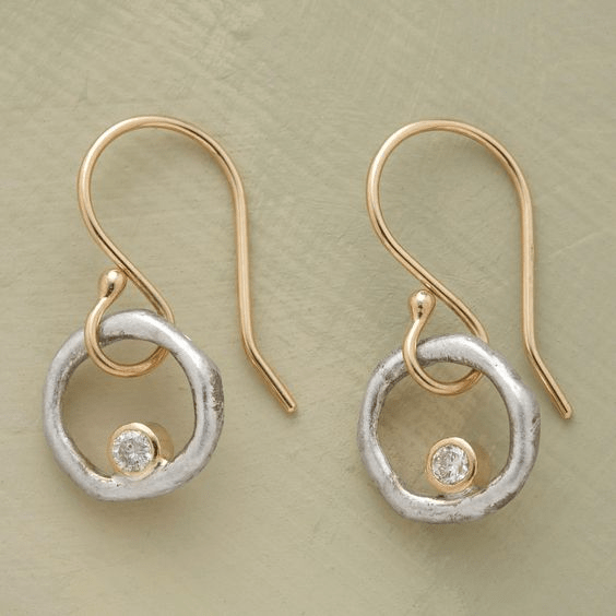 Mixed Metal Circle Drop Earrings with Sparkling CZ Accent - Earrings