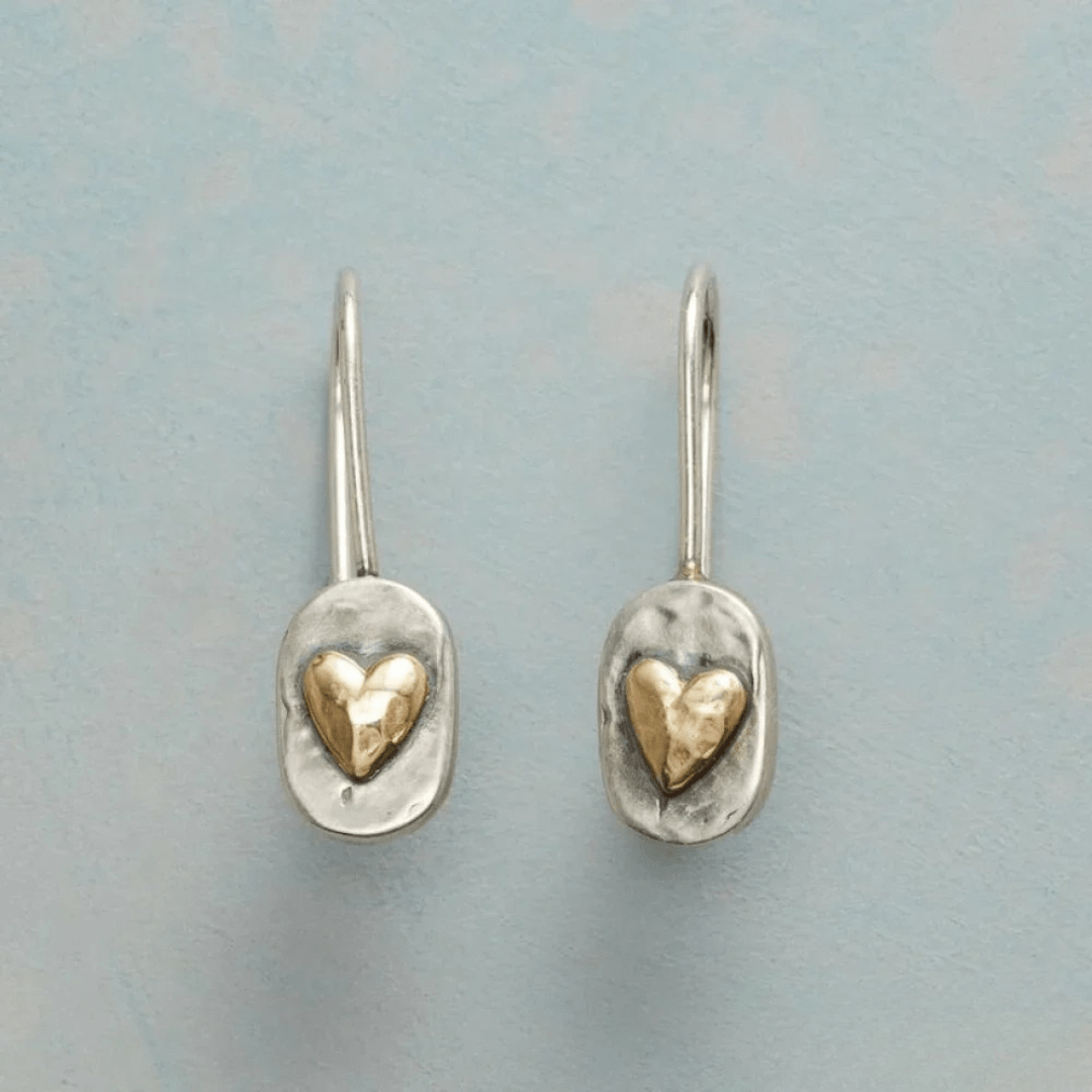 Mixed Metal Heart Drop Earrings in Sterling Silver and Brass - Earrings