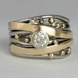 Mixed Metal Wave Band Ring with Beads and Center Stone - Ring
