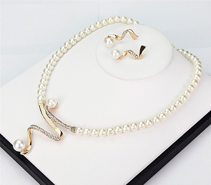 Modern Pearl Necklace and Earring Set with Crystal Curve - Jewelry Set