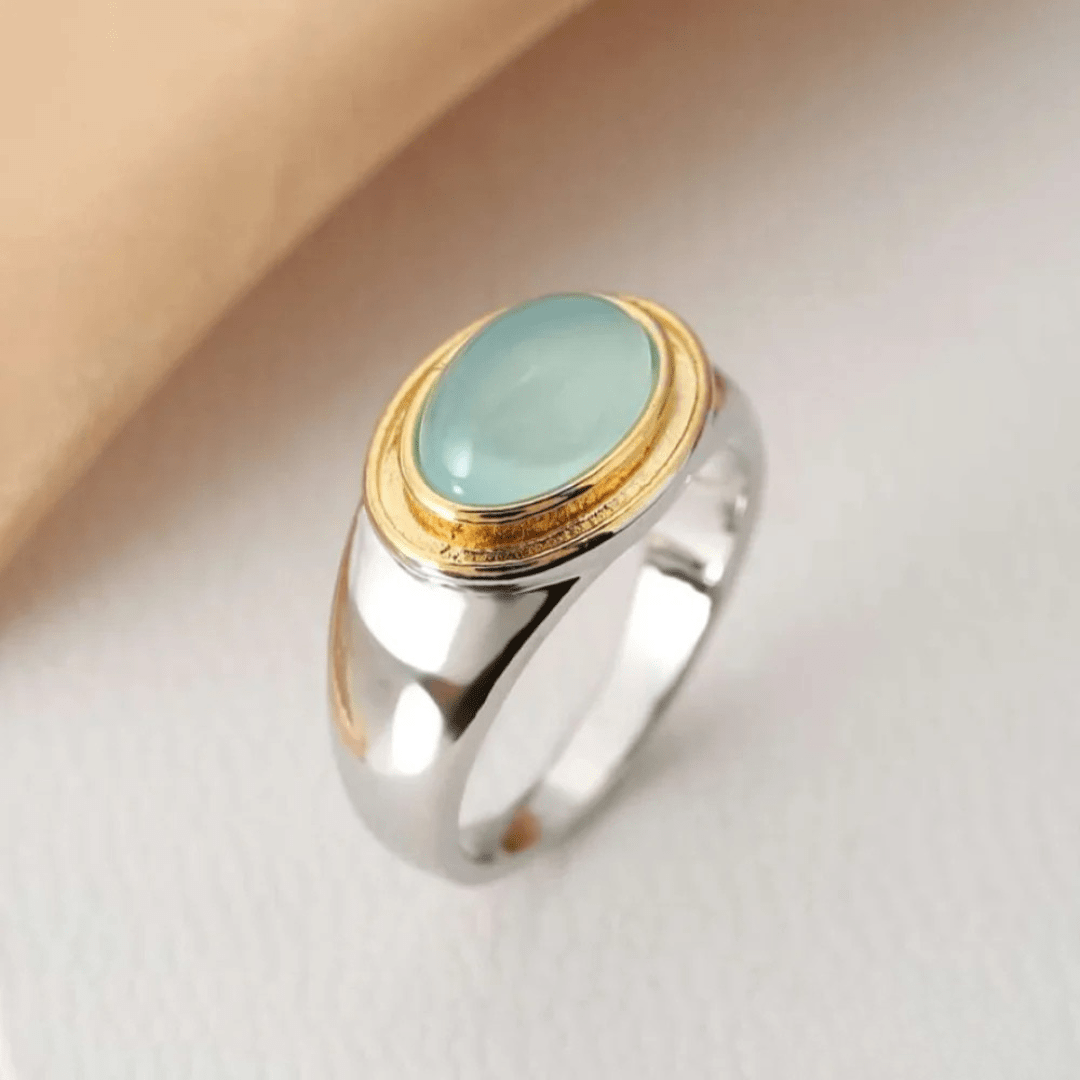 Modern Silver Ring with Aqua Oval Stone and Gold Bezel - Ring