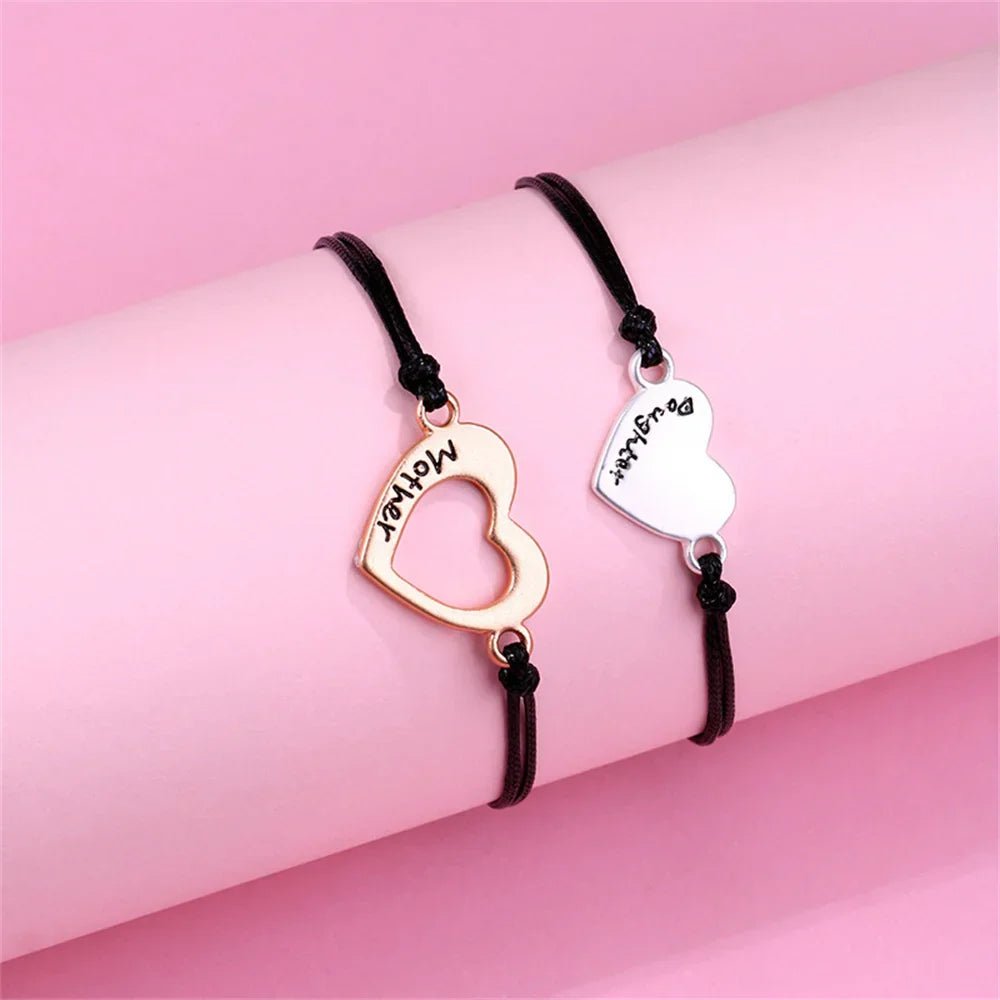 Mother & Daughter Matching Heart Charm Bracelets – Adjustable Black Cord - Bracelets
