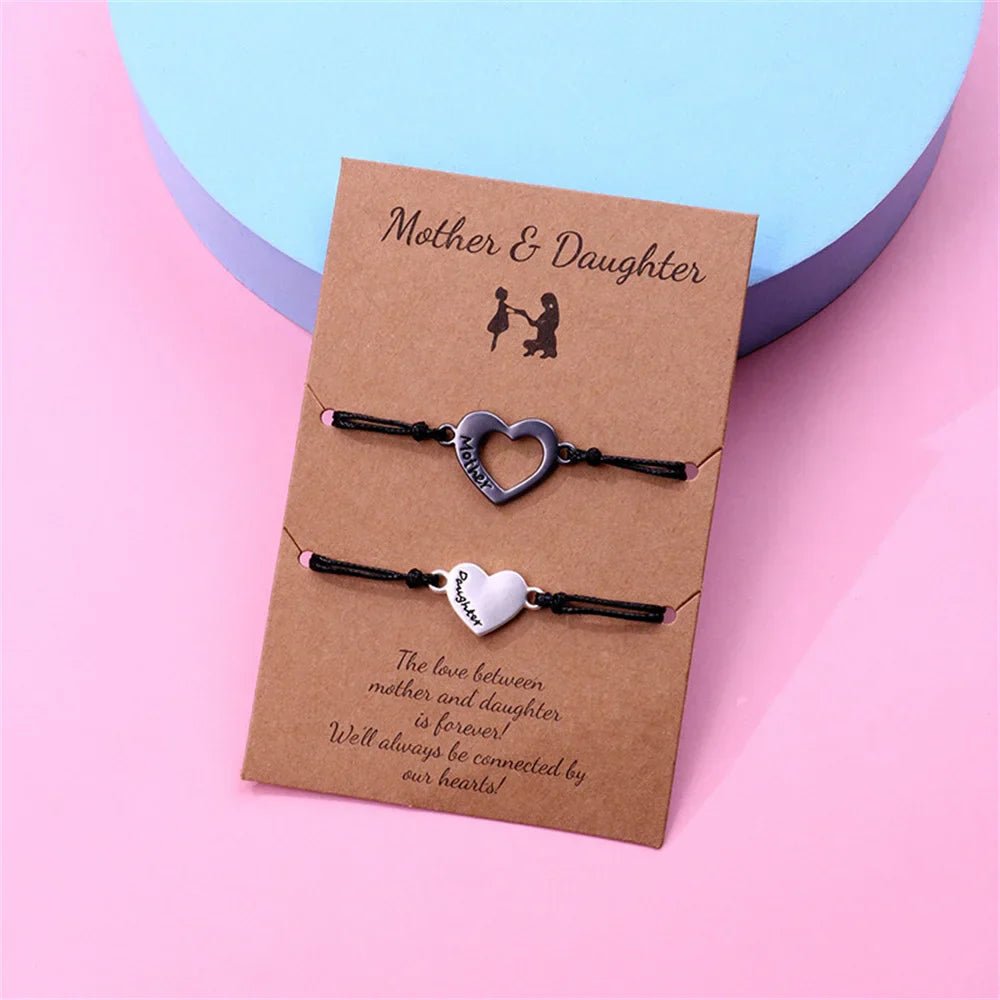 Mother & Daughter Matching Heart Charm Bracelets – Adjustable Black Cord - Bracelets