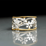 Openwork Floral Band Ring in Silver and Gold Finish - Ring