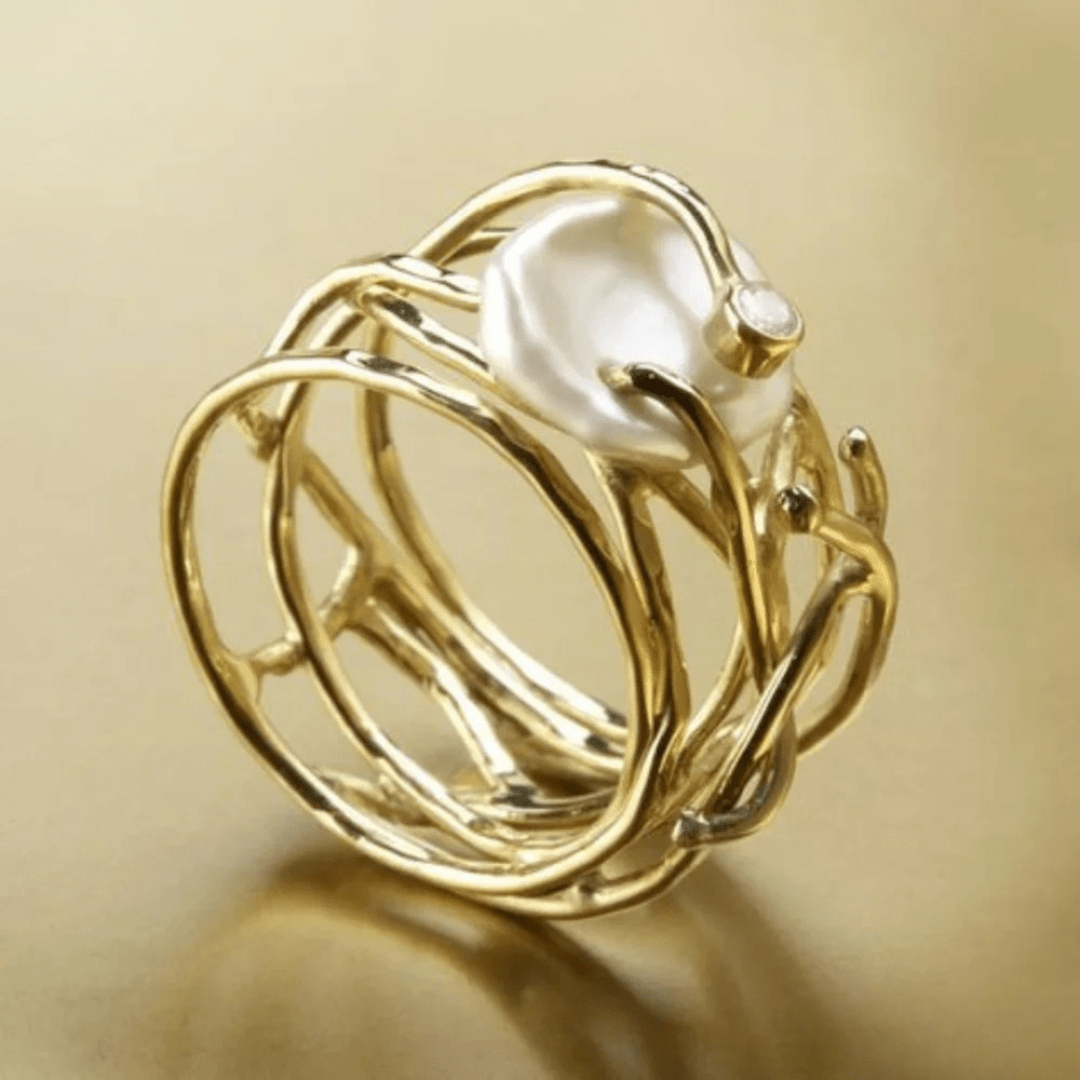 Organic Gold Branch Ring with Freshwater Pearl - Ring