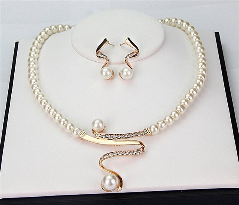 Pearl Necklace and Earring Set with Crystal Wave Design - Jewelry Set