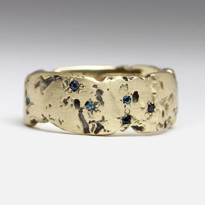 Raw Texture Gold Band Ring with Blue Diamond Accents - Ring
