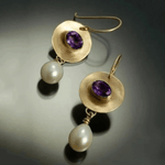 Round Drop Earrings with Faceted Gemstone and Pearl - Earrings