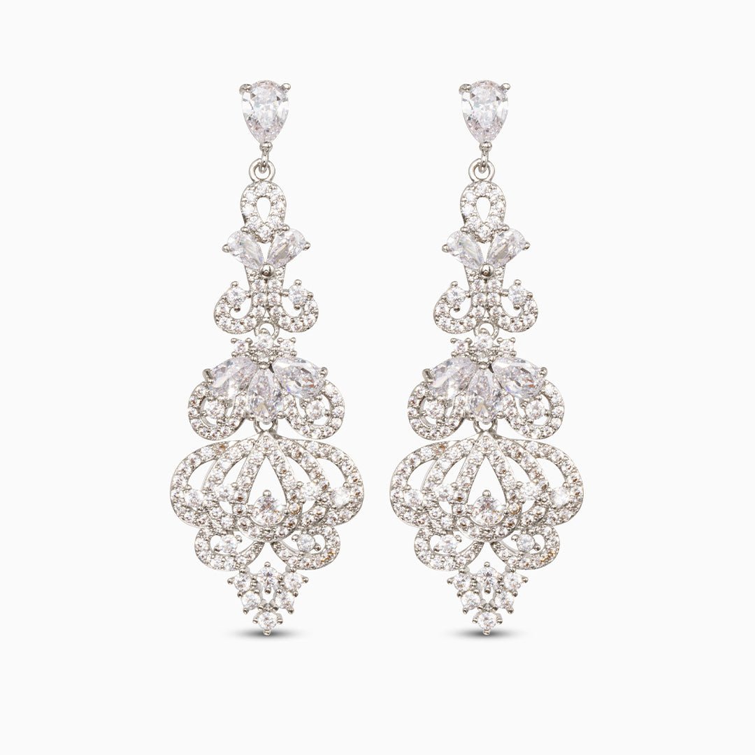 Silver Crystal Chandelier Earrings with Filigree Detail - Earrings
