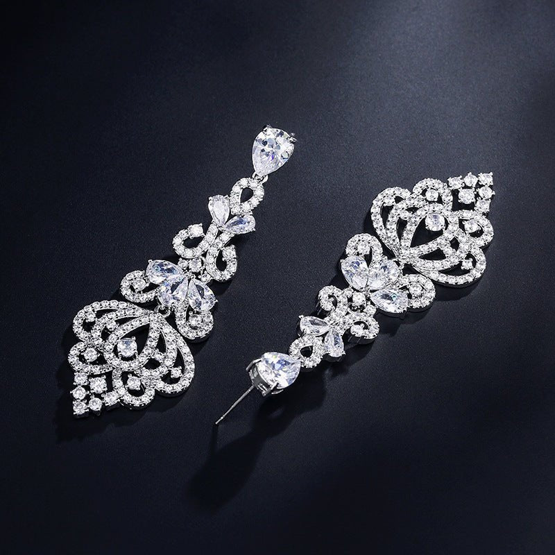 Silver Crystal Chandelier Earrings with Filigree Detail - Earrings