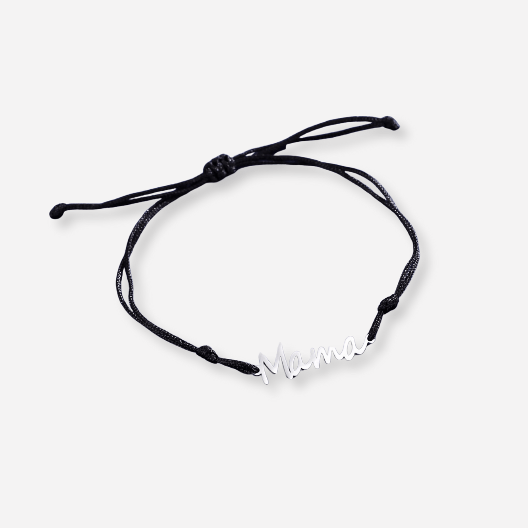 Silver "Mama" Cord Bracelet – Adjustable Black String - Bracelets