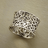 Sterling Silver Filigree Flower Ring with Wide Band Design - Ring