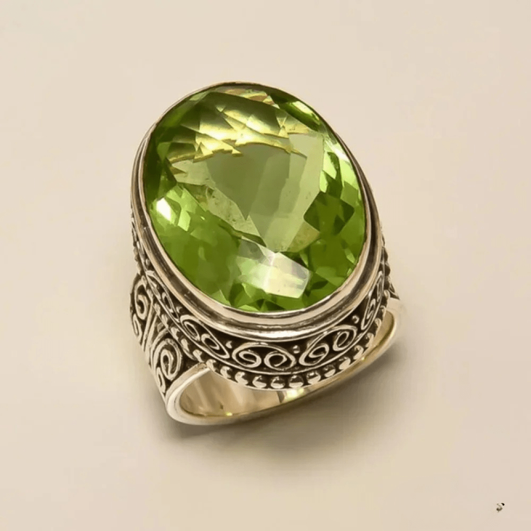 Vintage Silver Statement Ring with Oval Green Gemstone - Ring