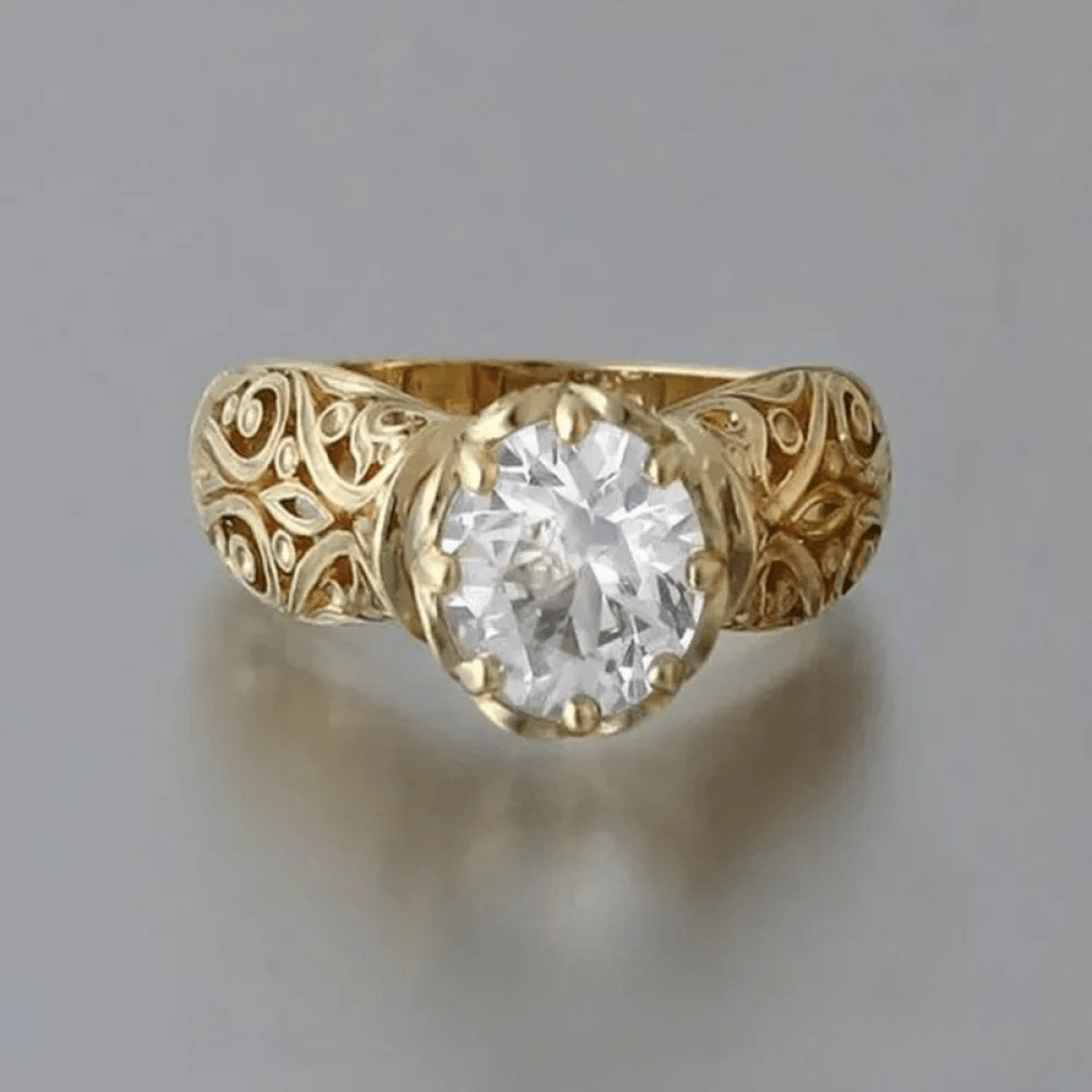 Vintage - Style Oval Cut Crystal Ring with Engraved Gold Band - Ring