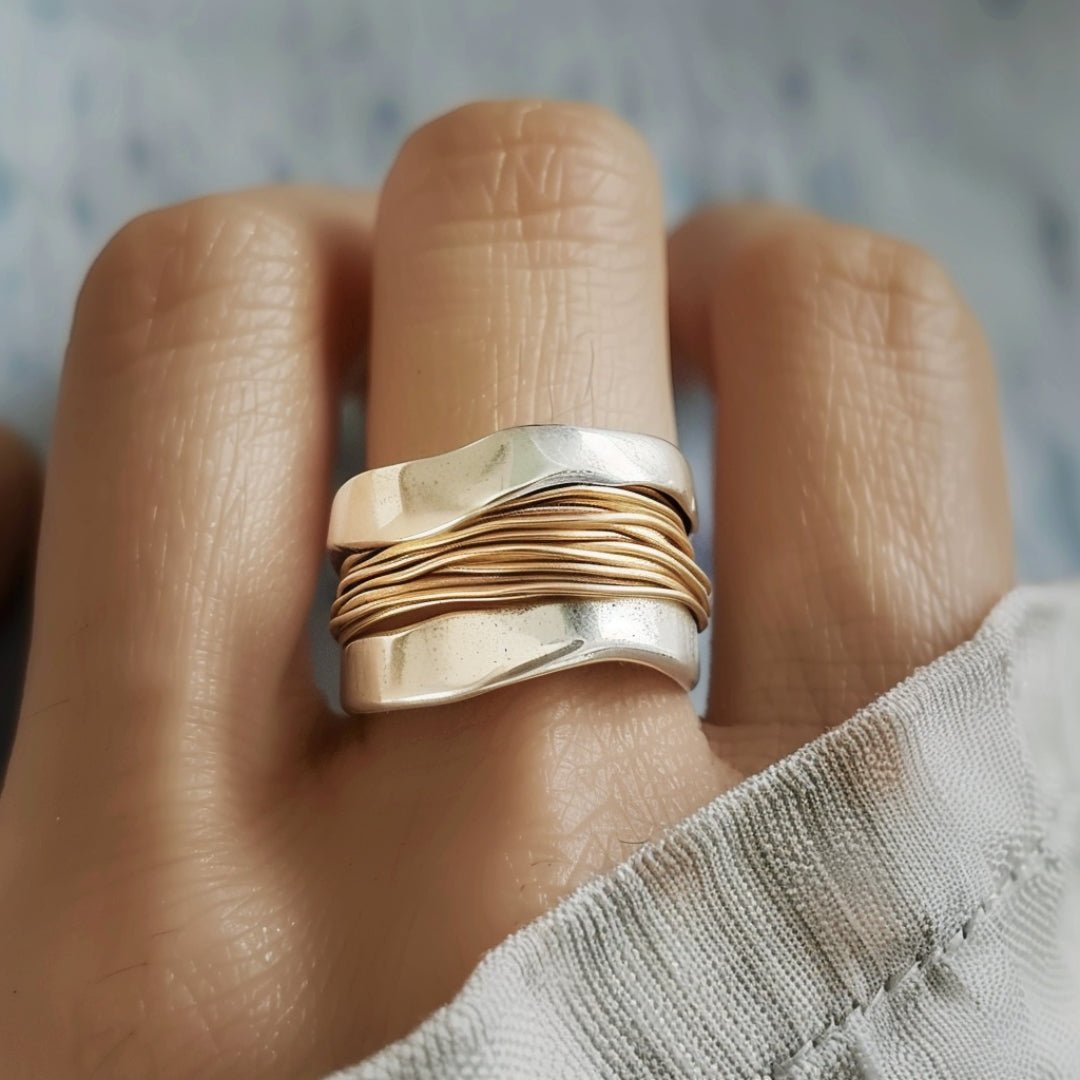 Wave Band Ring with Wrapped Gold Wire Accents - Ring